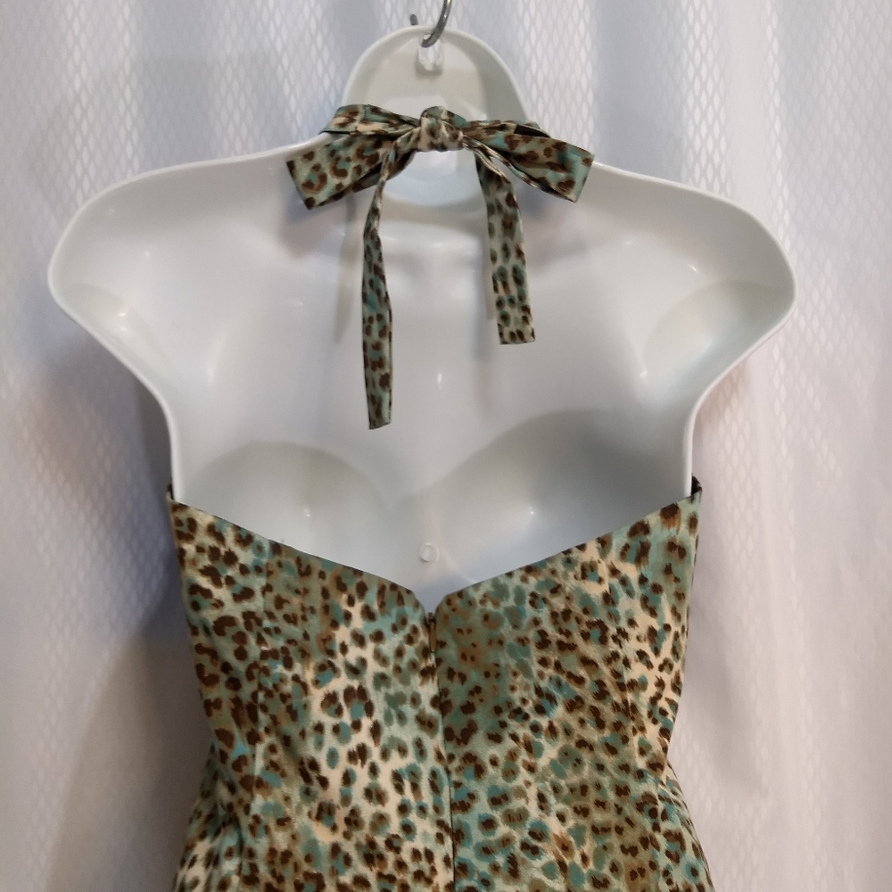 Curtsey Summer Halter-Neck Party Dress, Aqua/Brown/Cream Animal Print, Size 8 - Picture 13 of 15